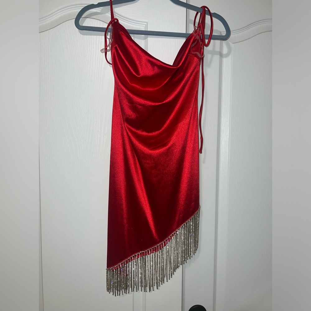 Red silk dress with jewels